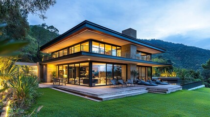 Fototapeta premium Modern Eco-Friendly Smart Home Surrounded by Autumn Foliage