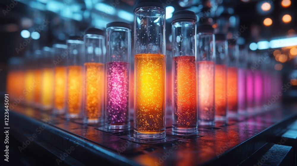Poster a vibrant display of colored liquids in test tubes, shimmering under soft lighting, creating a capti