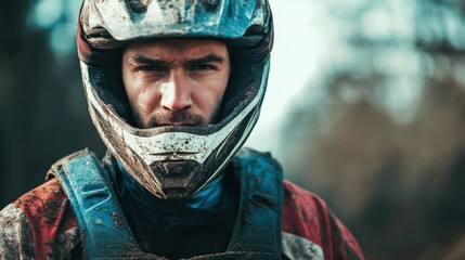 Caucasian adult male motocross rider in helmet and gear