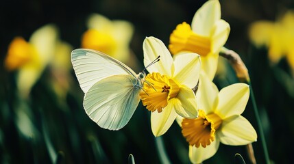 Fototapeta premium A close-up of a butterfly perched on a yellow daffodil, capturing the delicate beauty of nature and the vibrant colors of the flower and insect.