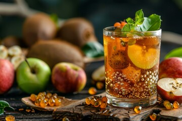 Glass of refreshing fruit infused water with kiwi, apple slices, and mint leaves sits on a rustic wooden table, surrounded by fresh fruits and omega 3 capsules