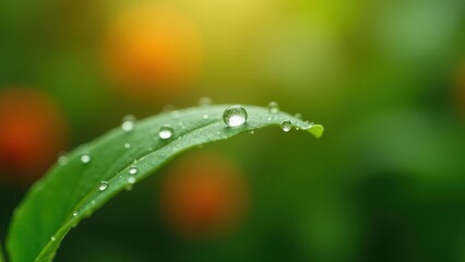 Macro photography of a dew drop on a green leaf	