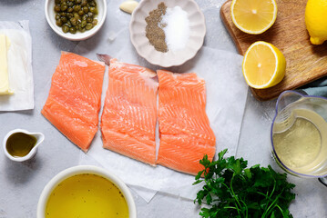 Raw trout fillet. top view.