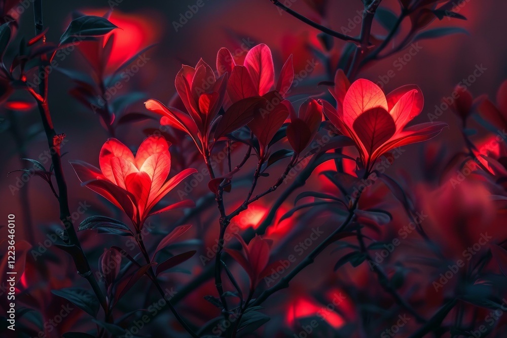 Poster close up of glowing red leaves on branches in a dark forest, creating a magical and enchanting atmos