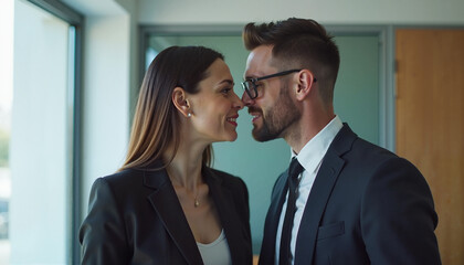 Business couple smiling and sharing a close moment in an office environment