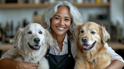 Smiling female groomer with gray hair posing with two happy golden retrievers in a pet grooming salon. The dogs look well-groomed and relaxed, enjoying the care and attention
