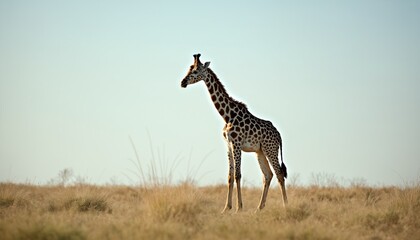 Obraz premium Giraffe standing tall in an open grassy savanna under clear sky.