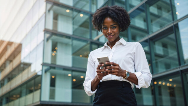 Young African businesswoman with short curly hair smiling and using smartphone outside modern office building while looking at camera, professional woman representing connectivity in modern workplace