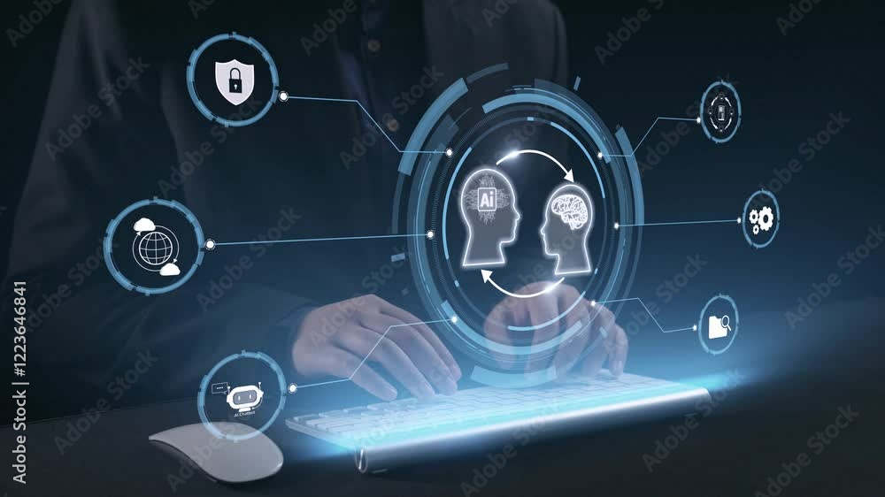 Poster human interact with ai artificial intelligence brain processor in concept of ai artificial intellige