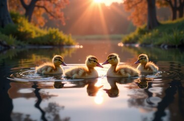 Fototapeta premium Four fluffy ducklings glide across the calm surface of a pond, surrounded by lush greenery and illuminated by the warm glow of a setting sun. The tranquil setting brings joy and serenity.
