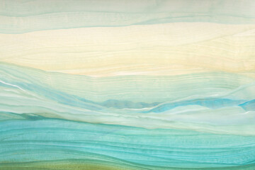 Acrylic, Ink watercolor hand drawn flow smear brush stroke blot landscape painting. Wave beige, blue, turquoise texture background.