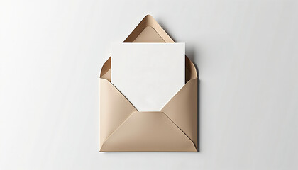 Beige envelope with blank white card on minimalist background.