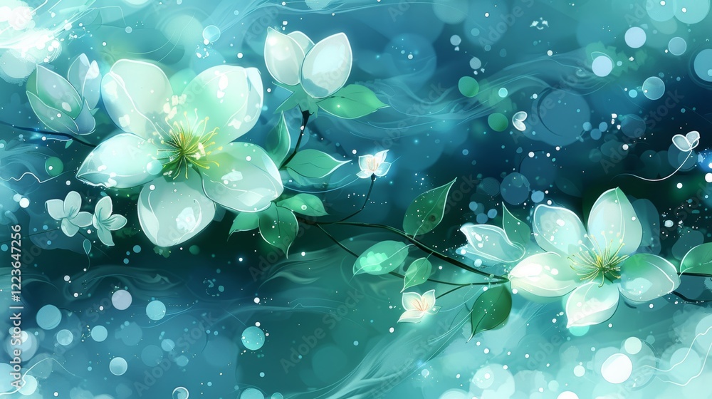 Poster softly colored flowers and leaves intertwine with delicate butterflies, creating a serene and tranqu