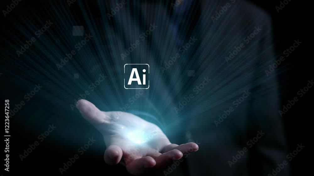 Poster human interact with ai artificial intelligence brain processor in concept of ai artificial intellige