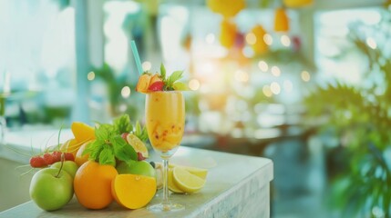 Tall glass of fresh orange juice garnished with strawberries, mint, and orange slices, surrounded by colorful fruits in a sunny setting.  .