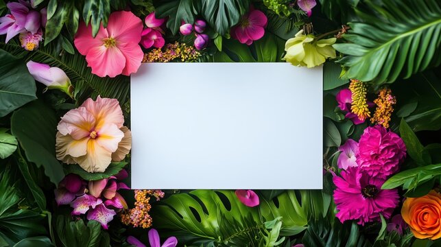 Surrounded by vivid blooms and lush green leaves, a pristine white card stands out, ready to capture sentimental messages in a serene, dreamy setting.
