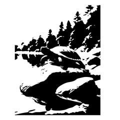 Fototapeta premium Black and White Silhouette of Pine Trees by a Calm Lake Scene