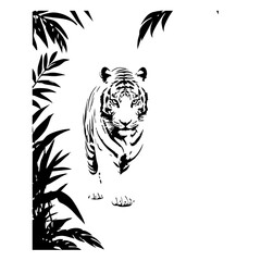 Black And White Tiger Illustration Surrounded by Jungle Foliage in Minimalist Style