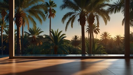 Table background of free space and window background with palms. Summer time. Generative AI 