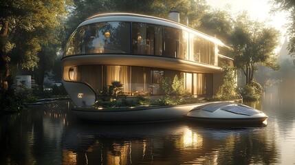 A futuristic floating house with a curved glass facade and solar-powered balconies.