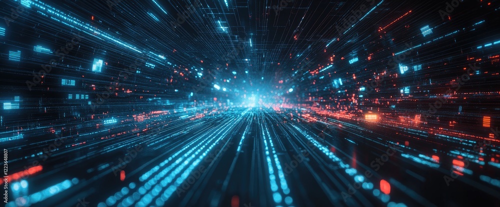 Poster digital data stream tunnel, futuristic highway, binary code, glowing lines, tech background, website