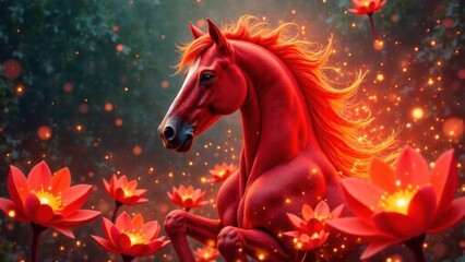 Beautiful portrait of a fiery red horse. Symbol of the new year 2026 according to the Chinese calendar. Eastern horoscope. Red fiery horse