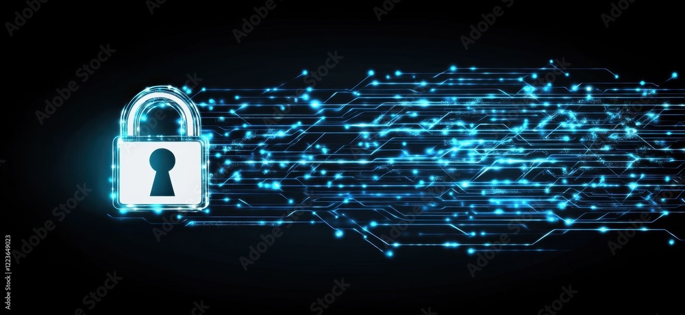 Poster a white lock symbol on the left side of an abstract background with light blue and gray colors, vect