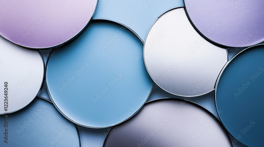Poster overlapping metallic circles in soft blue and lavender tones for abstract background