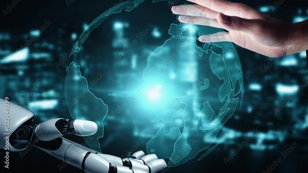 Poster futuristic robot artificial intelligence enlightening ai technology development and machine learning