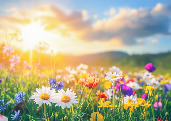 Fototapeta premium Vibrant Summer Meadow with Colorful Wildflowers in Bloom at Dawn
