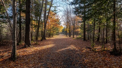 Fototapeta premium Vibrant Autumn Forest Path with Fallen Leaves