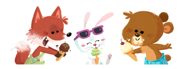 Oso, zorro y conejo comiendo helado