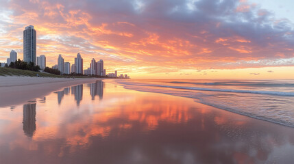 Amanecer en la playa con reflejo de rascacielos