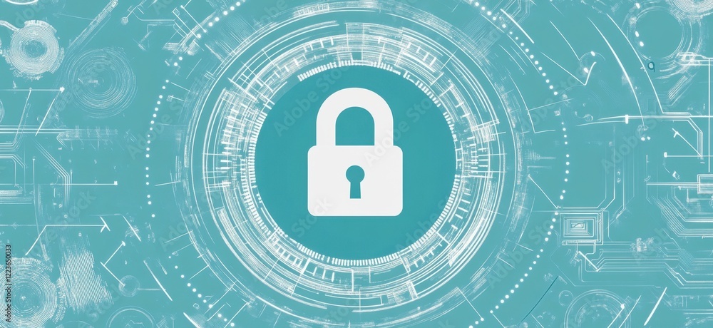 Poster light blue background with a white padlock and binary code concept of online security on a light gre