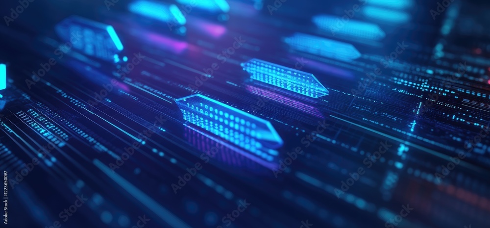 Poster digital trains on data stream; futuristic transport network; glowing background; tech concept