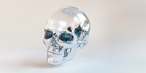 Futuristic 3D Humanoid AI Head with Metallic Silver Finish and Glowing Blue Circuits on Gradient Background