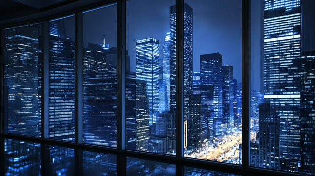 Vista nocturna de la ciudad a trav&eacute;s de grandes ventanales modernos