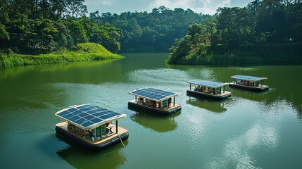 Naklejka premium Aerial view of eco-friendly solar-powered boats transporting tourists in a lush waterway