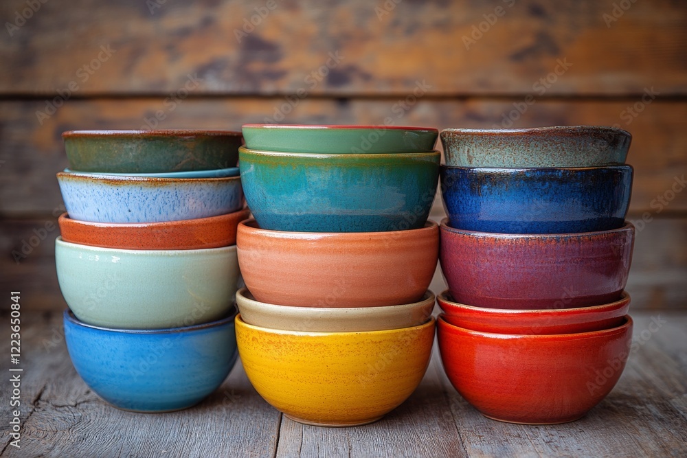 Aufkleber vibrant array of colorful ceramic bowls creating a rustic charm on the surface in natural light