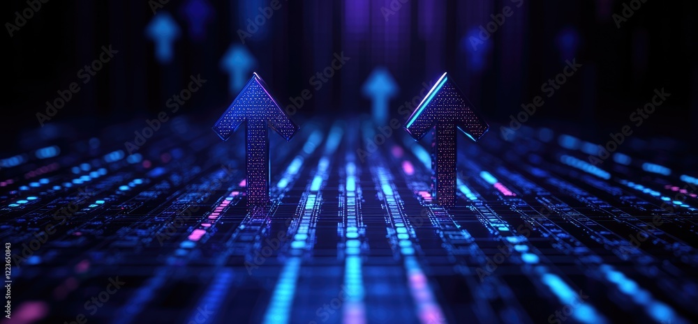 Poster digital upward arrows on glowing circuit board; data growth concept; tech background