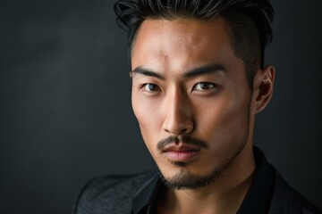 Fototapeta premium Headshot portrait of young confident asian businessman with modern hairstyle and goatee looking serious