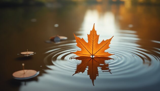 Autumn maple leaf floating on calm water with ripples. - Powered by Adobe