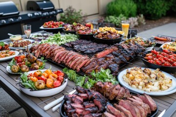 A large barbecue feast on an outdoor patio table with grilled meats, salads, and appetizers