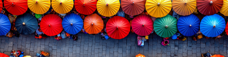 Colorful umbrellas cover a market street, viewed from above. Concept of vibrant and bustling market. For depicting cultural diversity.