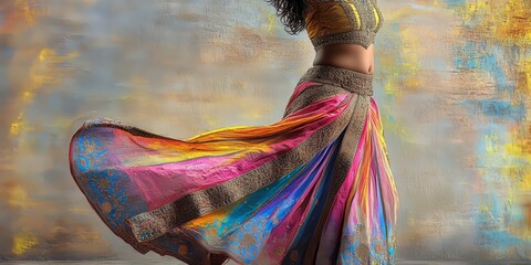 Indian dancer wearing colorful traditional dress is performing a whirling movement for International Dance Day