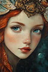 Naklejka premium Folk Russian Illustration of The Little Mermaid with Red Hair and Underwater Elements