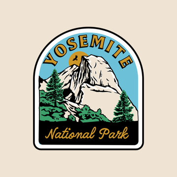 Yosemite National Park vector graphic. Half Dome, trees, and a vibrant sky. Perfect for outdoor, travel, and nature-inspired designs, t-shirts, and merchandise.