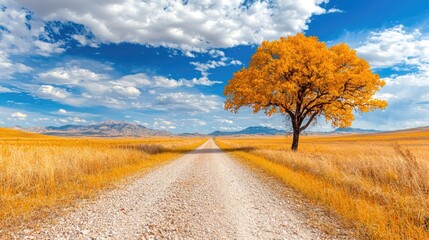 Naklejka premium Autumnal country road leads to mountains under blue sky