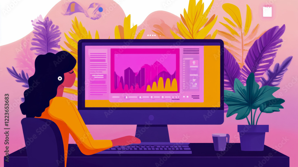 Poster woman analyzing data on computer screen in vibrant workspace