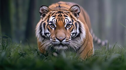 Majestic tiger stalking through misty forest